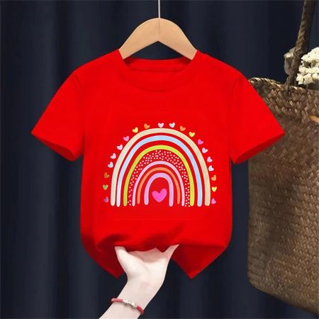 Summer Baby Girl Black Clothes Kid Girls Casual Heart Rainbow Printed Tshirts Children Fashion Crew Neck Short Sleeve Top 100