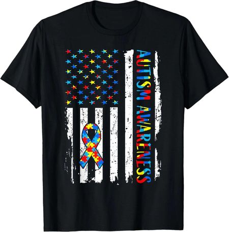 Autism Awareness Mom Dad USA Flag Pride Unisex T-Shirt S