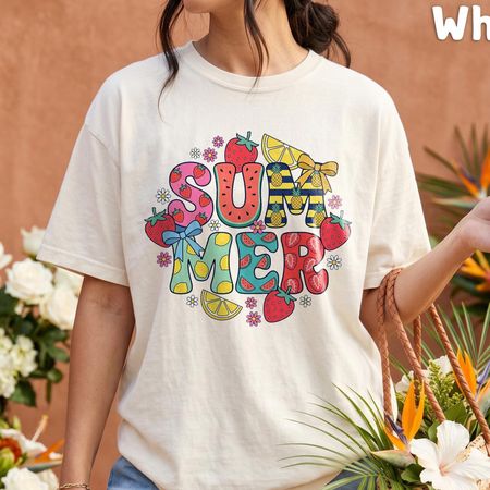 Comfort Colors® - Summer Shirt, Colorful Fruit Summer Tee Bay, Retro Summer Womens Graphic Tee, Coquette Bow Summer Vacation Gift S