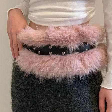 PU Leather Furry Waistband Faux Fur Y2K Waistband Vintage Plush Belt  Female/Girls розовый