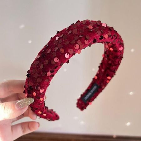 Wide Wide Hairband Velvet Sponge Hair Band Fashion Sequins Headband  New Year красный