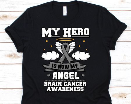 My Hero Is Now My Angel Shirt, Cancer Awareness For Brain Cancer Warrior Fighter Survivor, Grey Ribbon Tshirt For Brain Cancer S