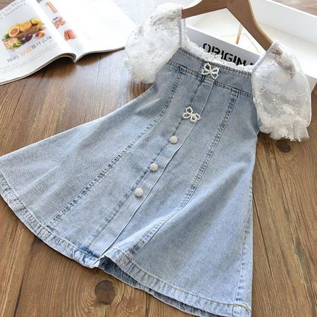 Girls Elegant Pearl Puff Sleeve Soft Denim Splice A Line Dress Summer Fashionable Children Clothing 90cm