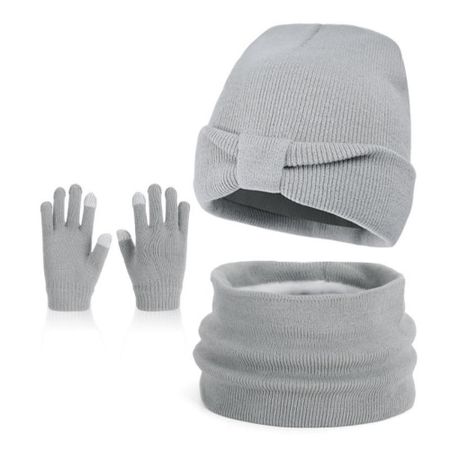 3Pcs/Set Solid Color Children Hat  Scarfs Gloves Set Warm Thicken Winter Kids Beanie  Gift Set серый