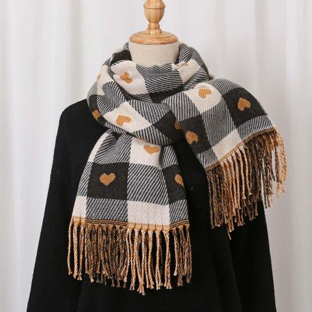 Acrylic Fibers Heart Thickened Scarf Warmer Tassel Shawl Gifts Plaid Knitted Scarf  Women чёрный