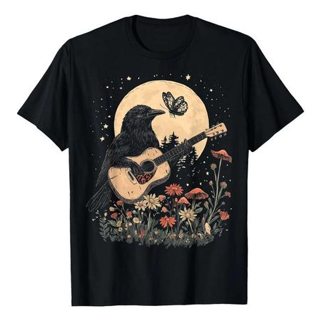 Camiseta Crow Toing Guitar Under Moon Flower Mushroom L