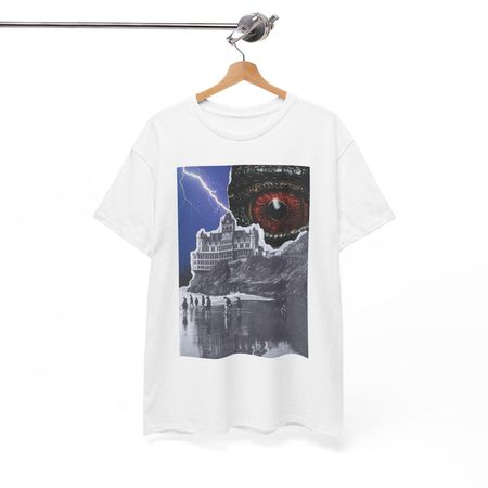 Giant Red Eye Over Gothic Castle T-Shirt | Lightning Storm Horror Tee 2XL