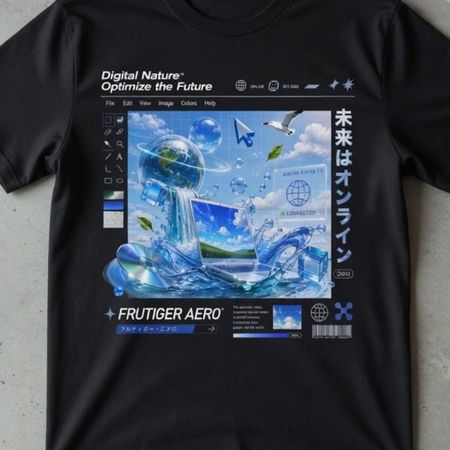 Футболка Frutiger Aero, Футболка с графикой Future Earth, Футболка в эстетике Y2K Internet, Футболка с артом Eco Technology, Дизайн Futuristic World 2 XL