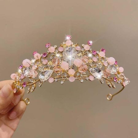 Vintage Pink Floral Crown Shiny Princess Rhinestone Tiara  Birthday Head Jewelry